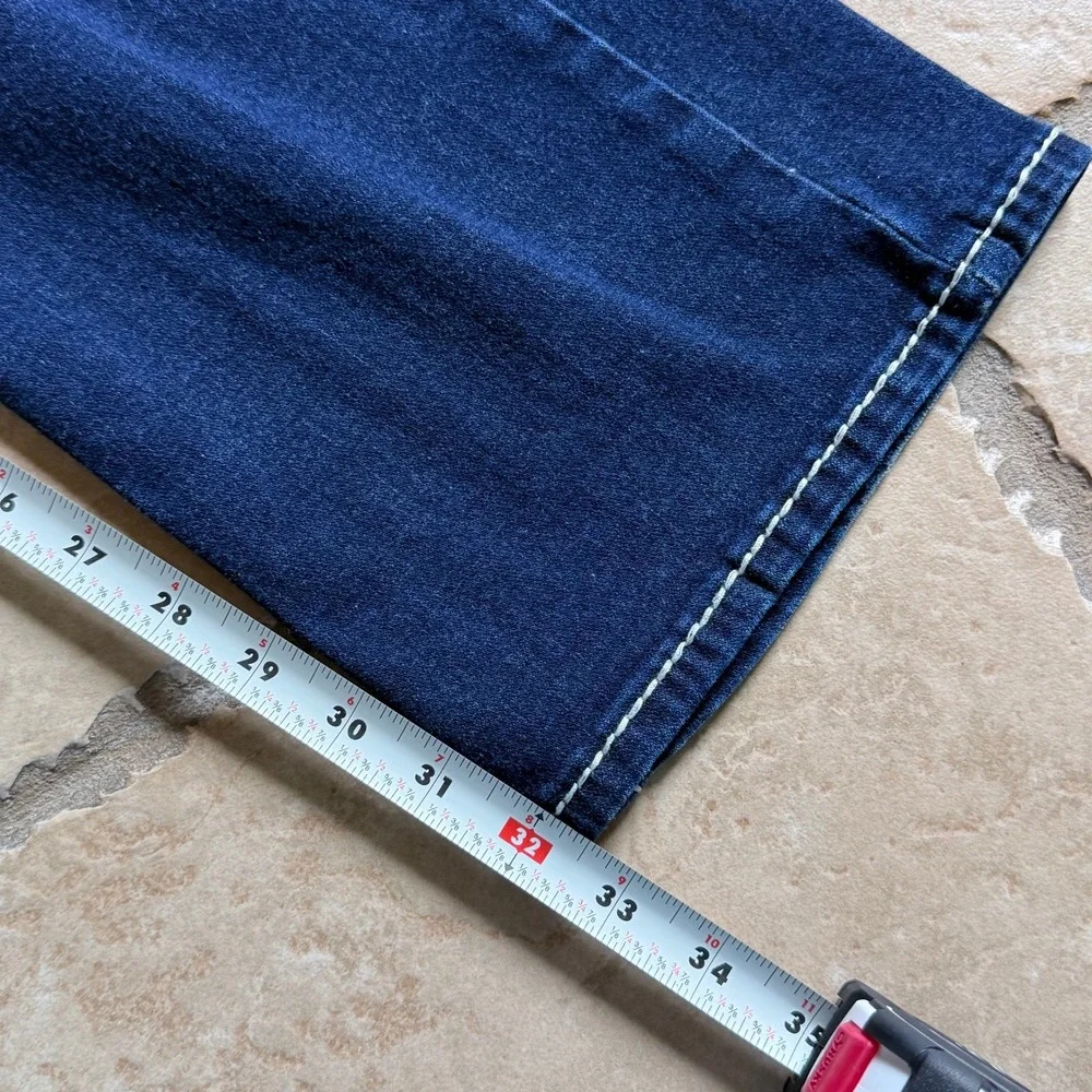 True Religion Straight Flap Jeans Men 32 Dark Blue Natural Big T Contrast Stitch